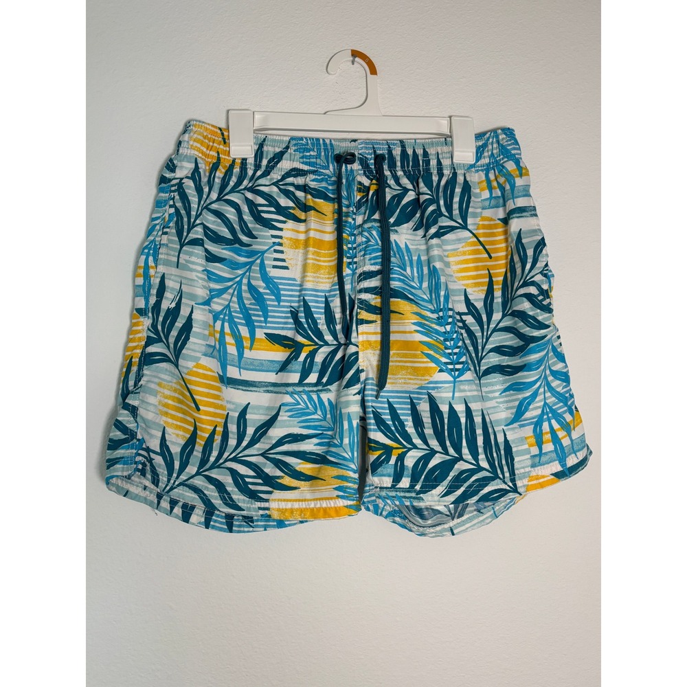 Burnside Mens Swim Trunks Tropical Palm Leaf Sun Print Blue Yellow XL Board